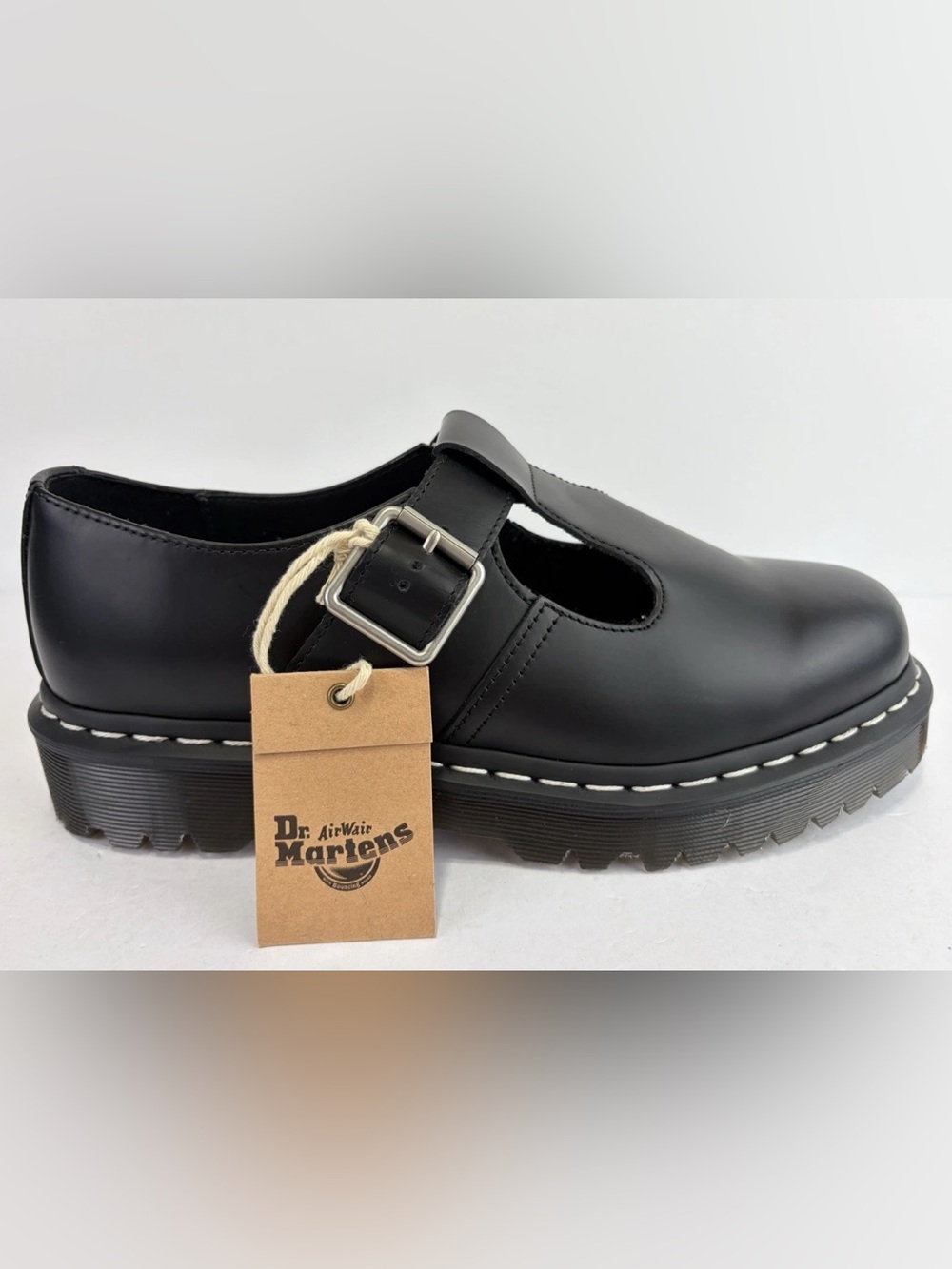 Dr. Martens Black Leather T-Bar Mary Jane White Stitching W8 M9 Unisex - Picture 3 of 5